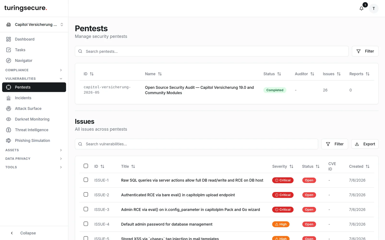 A completed penetration test with its findings and export in the turingsecure platform