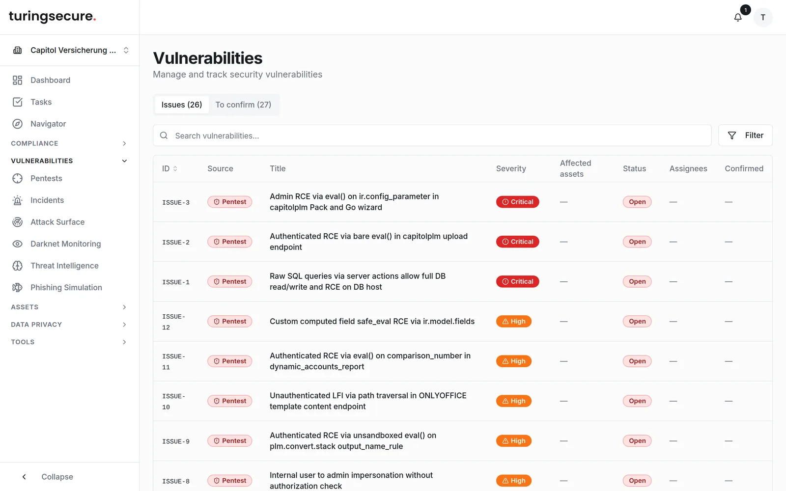 The turingsecure vulnerability list with every finding, its severity and status in one place